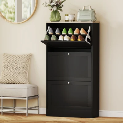 HOMCOM Modern Shoe Cabinet with 3 Flip Drawers, Black
