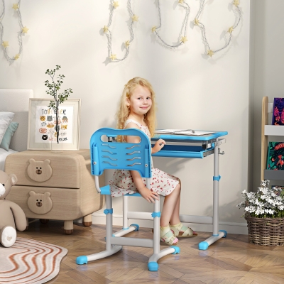 Qaba Height Adjustable Study Table and Chair Set with Drawer, Pen Slot, Tiltable Desktop, Hook, Blue