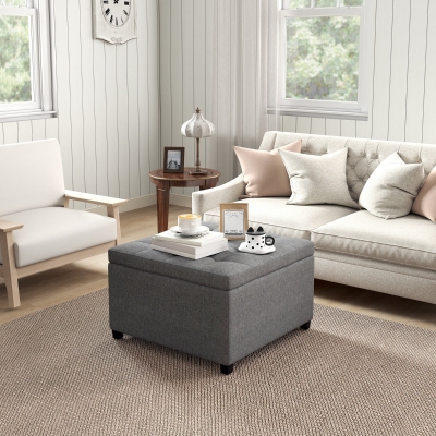 HOMCOM Tufted Storage Ottoman, Upholstered Accent Bench Seat, Cube Storage Box, Footrest Stool, Dark Grey