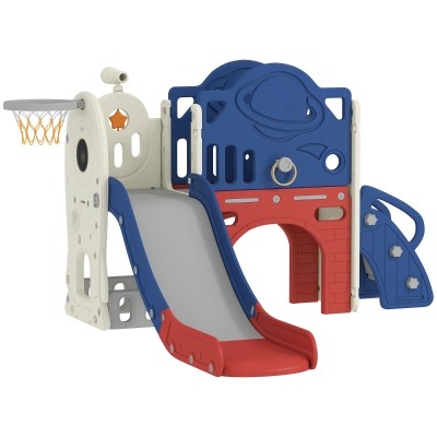 Qaba 8-in-1 Toddler Slide Playset with Basketball Hoop, Blue
