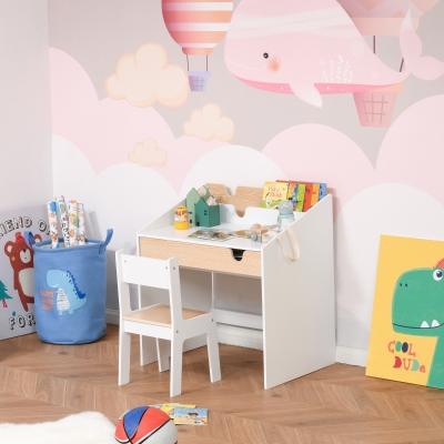 Qaba 2 Pieces Kids Desk and Chair Set with Storage Pull-Out Drawer for 6-10 Years, Writing, Reading, Drawing