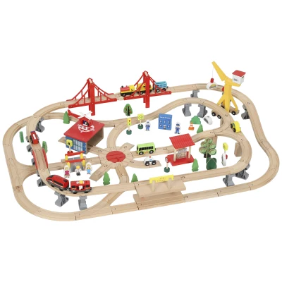 Qaba 133 Pcs Wooden Train Set with Track, Battery Towered Train, Crane, Bridge & Accessories, for Kids 3+ Years Old