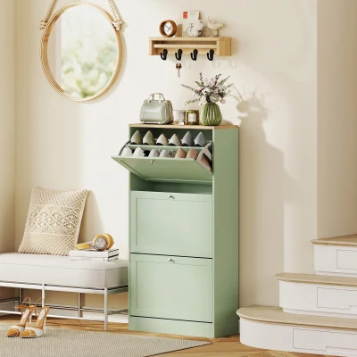 HOMCOM Modern Shoe Cabinet, 3 Flip Drawers, Adjustable Shelves, Green