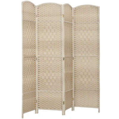 HOMCOM 6 Ft Tall Folding Room Divider, 4 Panel Portable Privacy Screen, Hand-Woven Partition Wall Divider, Light Oak