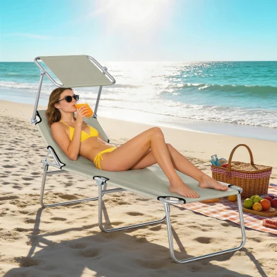 Outsunny Outdoor Folding Chaise Lounge Chair with Sun Shade, White