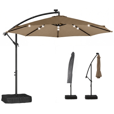 Outsunny 10 ft Cantilever Patio Umbrella with Lights & Cover, Tan