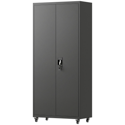 HOMCOM Metal Storage Cabinet, 71" Tall Lockable Steel Tool Cabinet with Removable Wheels and Adjustable Shelves, Black