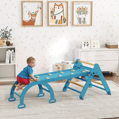 Qaba 7-in-1 Pikler Triangle Set, Foldable Wooden Climbing Toys with Arch, Ramp and Ladder for Toddlers 1-4 Years, Blue