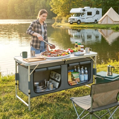Outsunny Outdoor Aluminum Folding Picnic Table Height Adjustable with Storage Organizer BBQ Camping