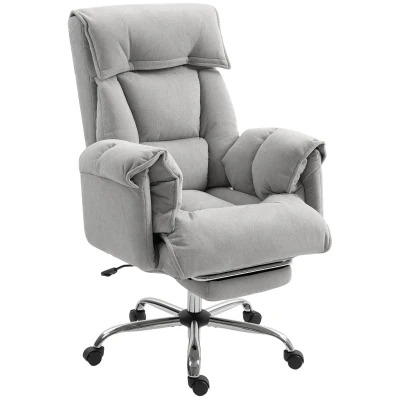 HOMCOM High Back Office Chair, Reclining Desk Chair with Footrest, Swivel Base, Rolling Wheels, Light Grey
