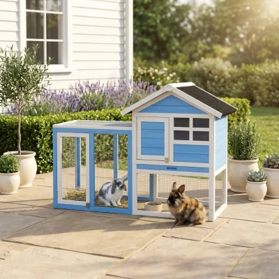 PawHut 48" Wooden Rabbit Hutch, Light Blue with Outdoor Run