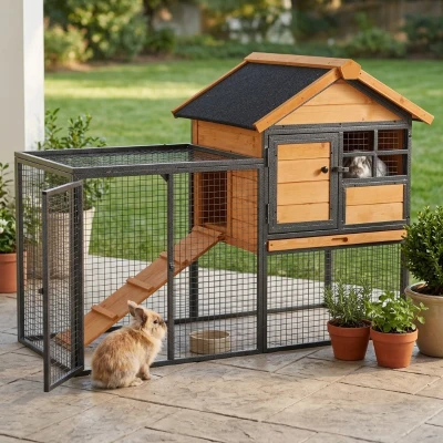 PawHut Outdoor Rabbit Cage, Elevated Pet House, Wood & Black
