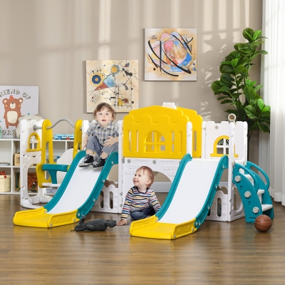 Qaba 8 in 1 Slide and Swing Set, Toddler Slide Set with Basketball Hoop, Climber, Steering Wheel, for Aged 1-3 Years, Yellow