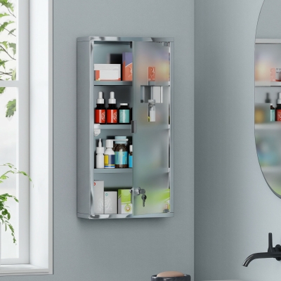 HOMCOM Wall Mount Medicine Cabinet, Bathroom Cabinet with 3 Tier Shelves, Stainless Steel Frame and Glass Door, Lockable with 2 Keys, Silver, 12" x 23.5"