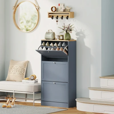 HOMCOM Modern Shoe Cabinet, 3 Flip Drawers, Adjustable Shelves, Blue