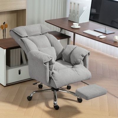 HOMCOM High Back Office Chair, Reclining Desk Chair with Footrest, Swivel Base, Rolling Wheels, Light Grey