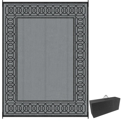 Outsunny Portable Outdoor Rug with Carrying Bag, 9' x 12' Reversible Mat, Waterproof Plastic Straw RV Rug for Backyard, Deck, Picnic, Beach, Camping, Black and Grey
