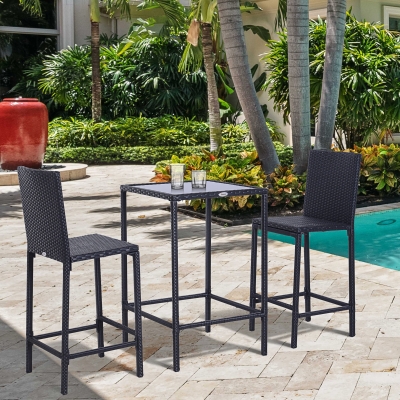 Outsunny 3 Piece Patio Bar Set Wicker Rattan Garden Bistro Set Barstool and Table for Patio Backyard Balcony Poolside, Black