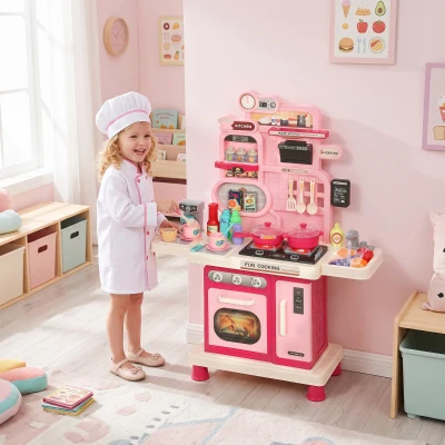 Qaba Kids Play Kitchen Set with Lights, Sounds, Storage, 33 PCS, Pink