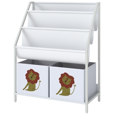 Qaba Kids Bookshelf, 3-Tier Sling Bookshelf with Toy Storage, Montessori Toy Organizer with Non-Woven Drawers for Kids Room
