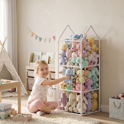 Qaba Stuffed Animal Storage Organizer, Teddy Toy Storage Organizer with Waterproof Bottom for Playroom, Nursery, 47x47x132cm