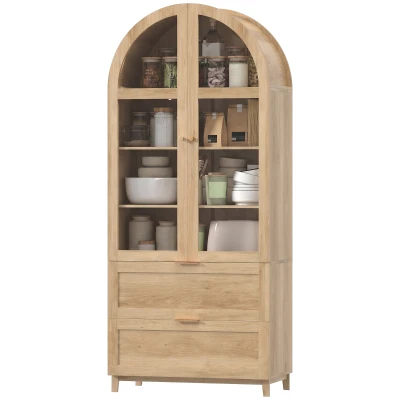 HOMCOM Arched Kitchen Pantry Cabinet, 71" Tall Farmhouse Kitchen Storage Cabinet with 2 Drawers, Acrylic Glass Doors, Oak
