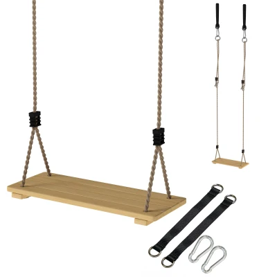 Qaba Wooden Swing Seat for Backyard Adjustable Rope Outdoor Playground Playset for Kids with Tree Straps Carabiners