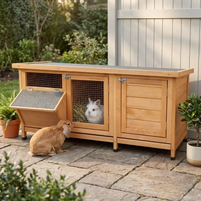 PawHut Large Bunny Hutch, Rabbit Cage with 2 Outdoor Areas, Yellow