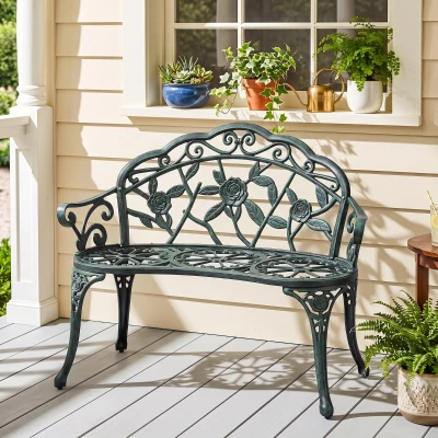 Outsunny Metal Outdoor Bench, Floral Accent, Green