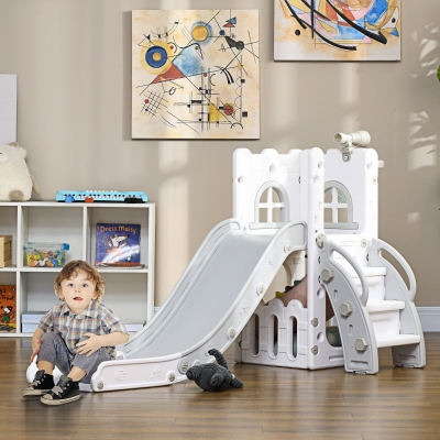 Qaba 5 in 1 Toddler Slide with Basketball Hoop, Climber, Telescope, Storage Basket, for 1-3 Years Kids Indoor Use, Grey