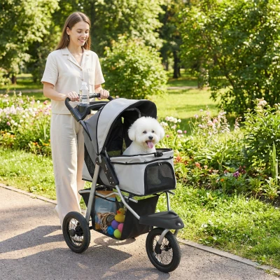 PawHut Foldable Dog Stroller, 12" Rubber Wheels, 22lbs, Light Gray