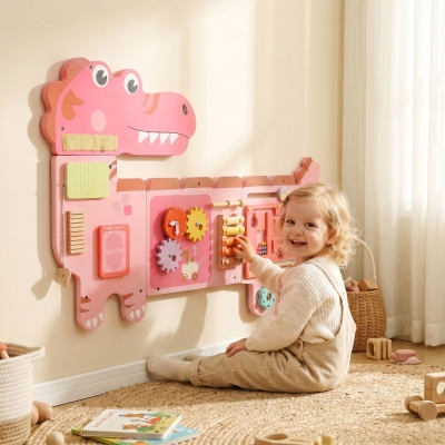 Qaba Busy Board Panels wall mounted Montessori Sensory Toys dinosaur center 87 x 52 x 5.5 cm Pink