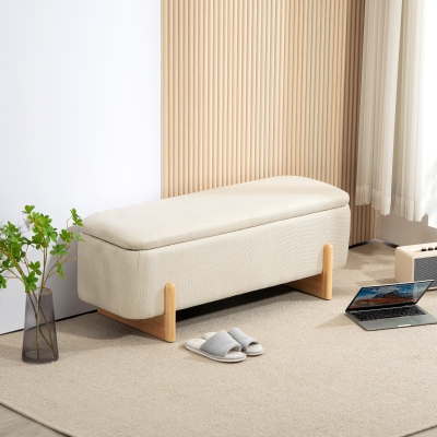 HOMCOM Storage Ottoman with Linen-Look Upholstery, Storage Bench with Safety Hinges and Wooden Legs for Bedroom, Cream White