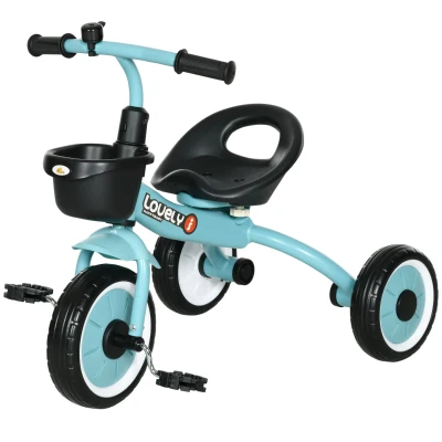 Qaba Tricycle for Toddler 2-5 Year Old Girls and Boys, Toddler Trike with Adjustable Seat, Basket, Bell, Blue