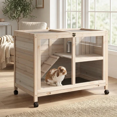 PawHut Indoor Rabbit Hutch, Wood, Waterproof, Natural