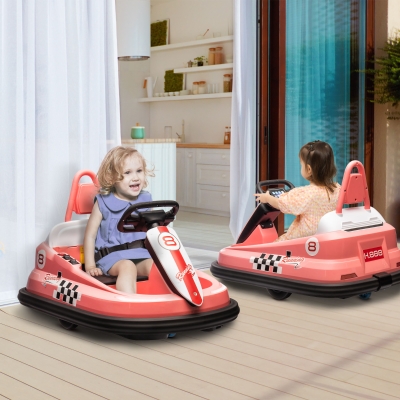 Aosom Kids Bumper Car, 6V 360° Rotation Electric Ride on Car, Twin Motors Battery Powered Toy with Music, Horn and Lights, Safety Belt, for Boys and Girls Aged 18-48 Months - Pink