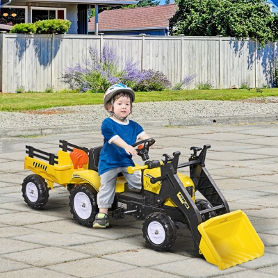 Aosom Front Loader Excavator Ride On Toy Pedal Control with 6 Wheels Controllable Bucket for 3 Years Old, Yellow
