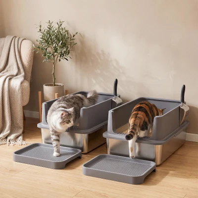 PawHut XL Stainless Steel Cat Litter Box 2-Pack with Scoop