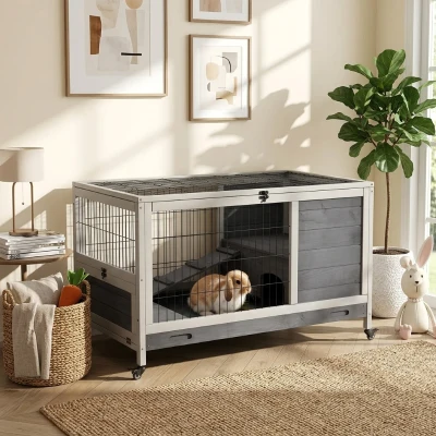PawHut Wooden Elevated Rabbit Enclosure with Wheels