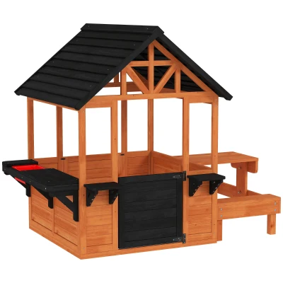 Qaba Wooden Playhouse Playhouse for Kids with Table, Benches, Sink Table, Windows, Flowerpot Holders, for Ages 3-8, Brown