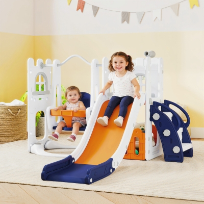 Qaba 6-in-1 Slide and Swing Set Baby Swing Playset Indoor with Basketball Hoop, Climber, Storage Space, Telescope, Orange