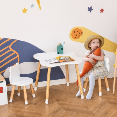 Qaba Kids Wooden Table and 2 Chairs Set, 3-Piece Dining Table with Bear Shape and Rounded Corners for 1-4 Years, White