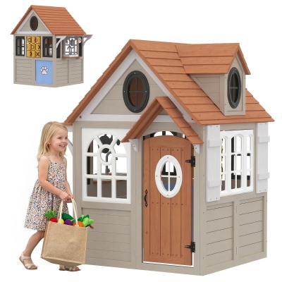 Qaba Wooden Kids Outdoor Playhouse with Dog Door, Cookware, Backyard