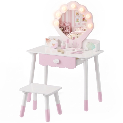 Qaba Kids Vanity Set, Makeup Vanity Table with Lights, Mirror, Stool, 7Pcs Accessories, Pretend Play Set for 3-8 Years, Pink