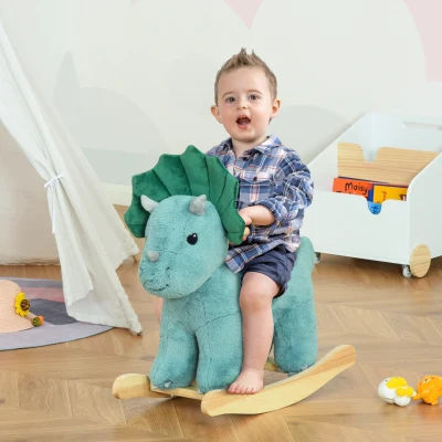 Qaba Plush Ride-On Triceratops Rocking Horse, Dark Green