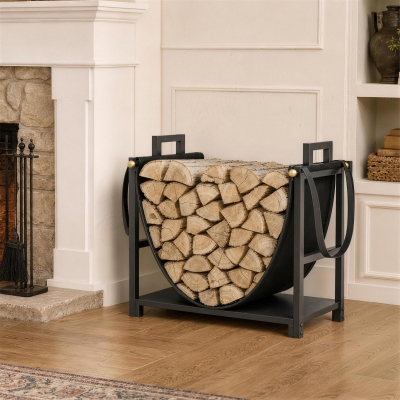Outsunny 19 Inch Firewood Rack with Carrier, 110 lb Heavy Duty Steel Log Store Indoors, Fireplace Log Storage Holder, Black