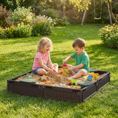 Outsunny Kids Outdoor Sandbox with Canopy, Bottom Fabric Liner, Brown