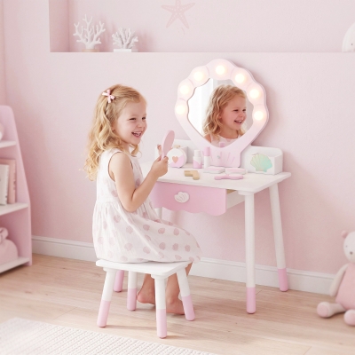 Qaba Kids Vanity Set, Makeup Vanity Table with Lights, Mirror, Stool, 7Pcs Accessories, Pretend Play Set for 3-8 Years, Pink