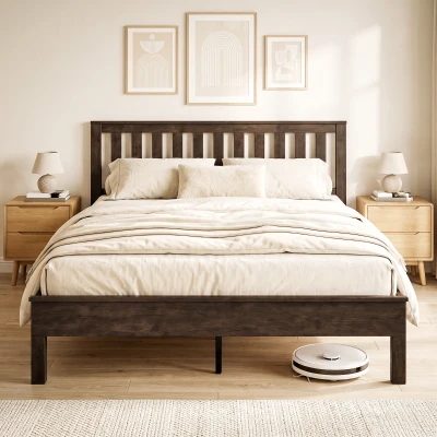 HOMCOM Queen Bed Frame, Mid-Century Modern Wood Platform, Walnut