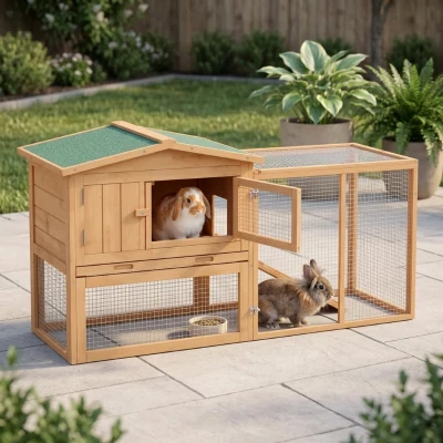 PawHut 62" Wooden Rabbit Cage, Outdoor Habitat with Run, Natural
